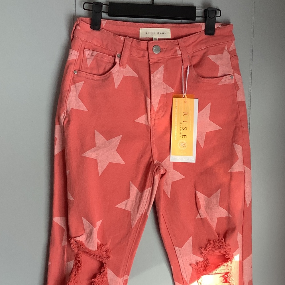 Risen Coral Star Distressed Women Jeans